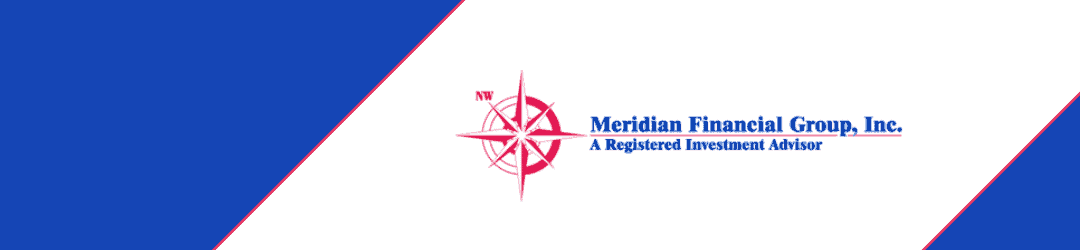 A corporate banner featuring the logo of meridian financial group, inc., highlighting their status as a registered investment advisor, with a geometric mariner's compass rose design in red and blue color scheme against a white background bisected by diagonal blue bands.