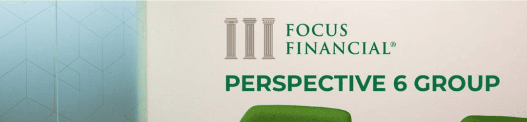 Office wall with the logo of focus financial and perspective group displayed, suggesting a professional environment, possibly a waiting area or reception.