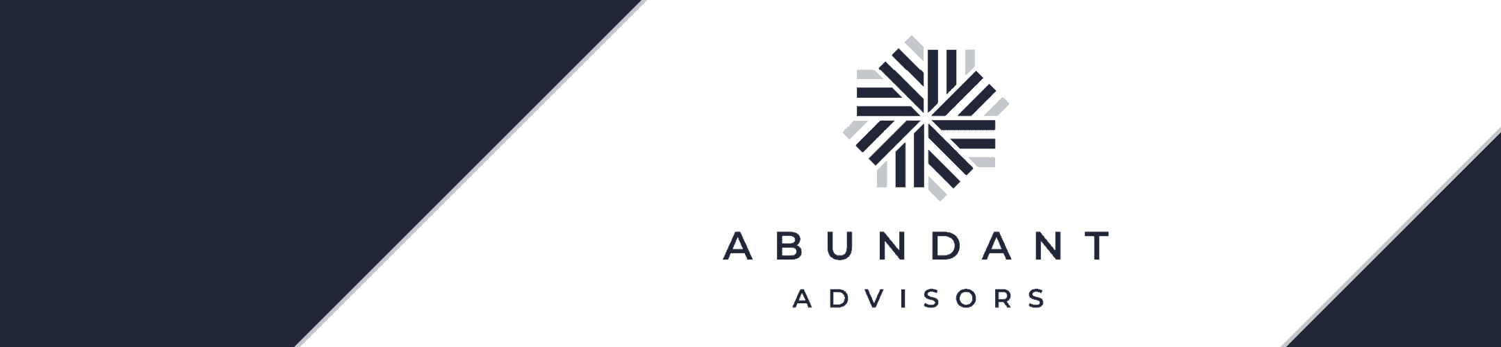 An elegant, minimalist business banner for a company named 'abundant advisors' with a symmetrical, star-like logo in a grayscale color palette.