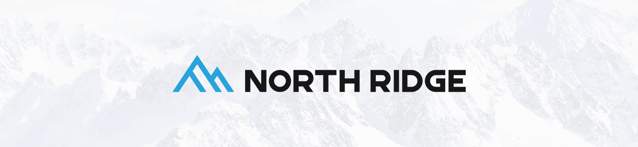 Logo of north ridge against a backdrop of snowy mountains.