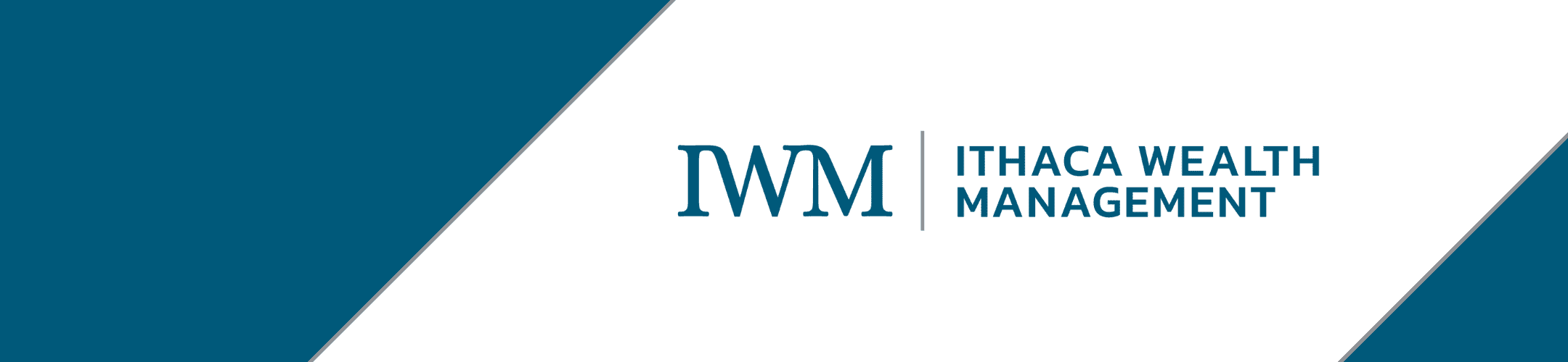 Elegant corporate banner for ithaca wealth management, showcasing the company's acronym iwm in a crisp, serif font on a sleek blue split-background design.