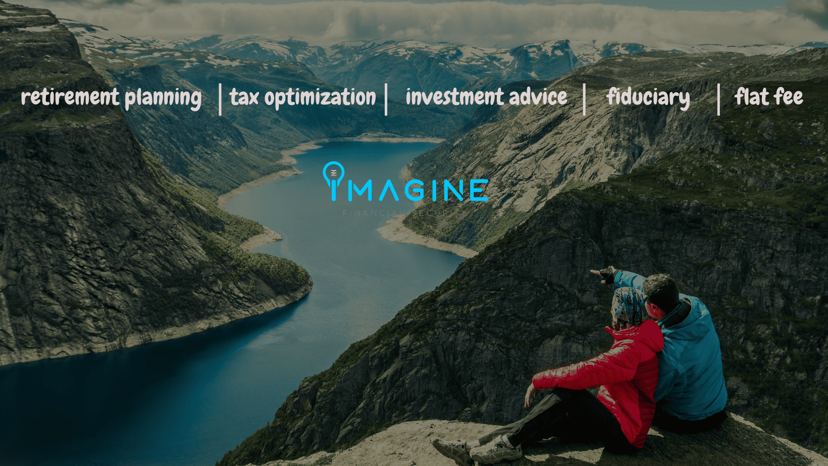 Two hikers enjoying the majestic view of a fjord from a mountain summit, while words related to financial services float across the sky, suggesting a metaphorical connection between strategic financial planning and far-reaching vistas.