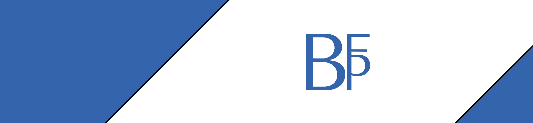 Abstract geometric design with a split blue and white background, featuring stylized letters 'bf' positioned in the center.