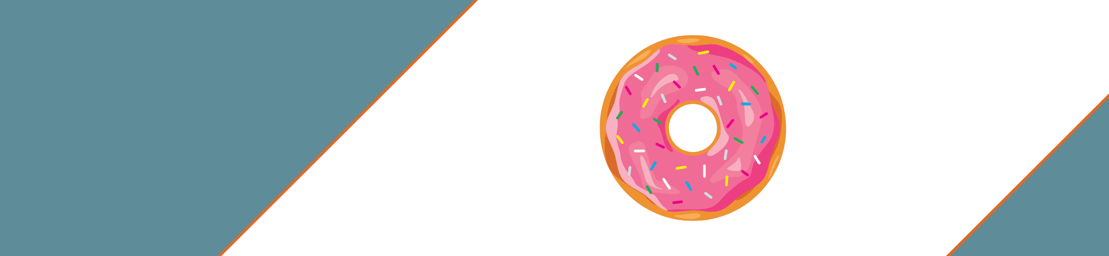 A colorful illustration of a pink frosted donut with sprinkles, centered on a background split diagonally between a light grey and a white area.
