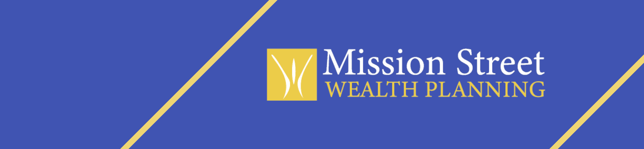 Logo of mission street wealth planning on a royal blue background with an elegant yellow 'm' design, emphasizing financial sophistication and strategic wealth management.