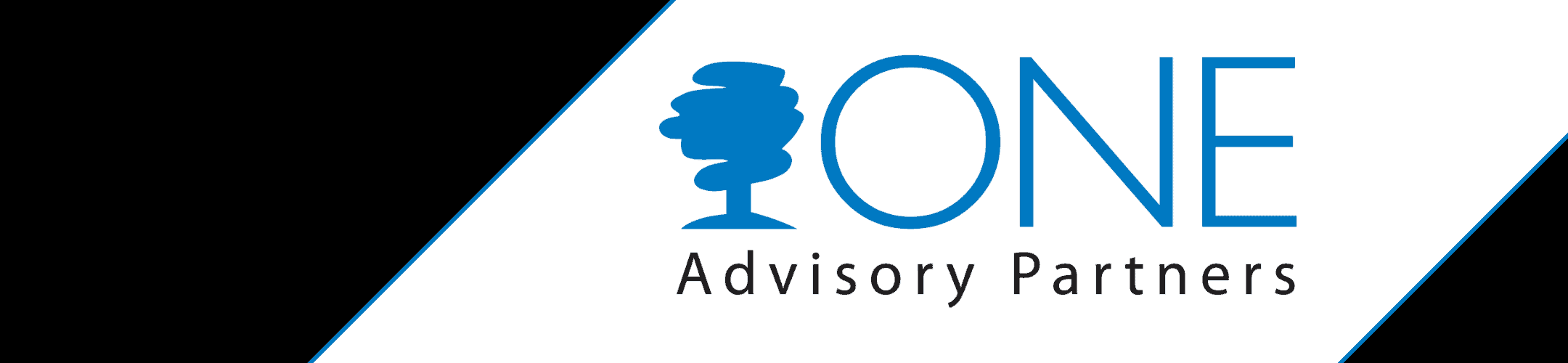 One advisory partners logo featuring a stylized representation of a human profile situated between the word 'one' and the descriptive tagline, set against a contrasting black and white background.