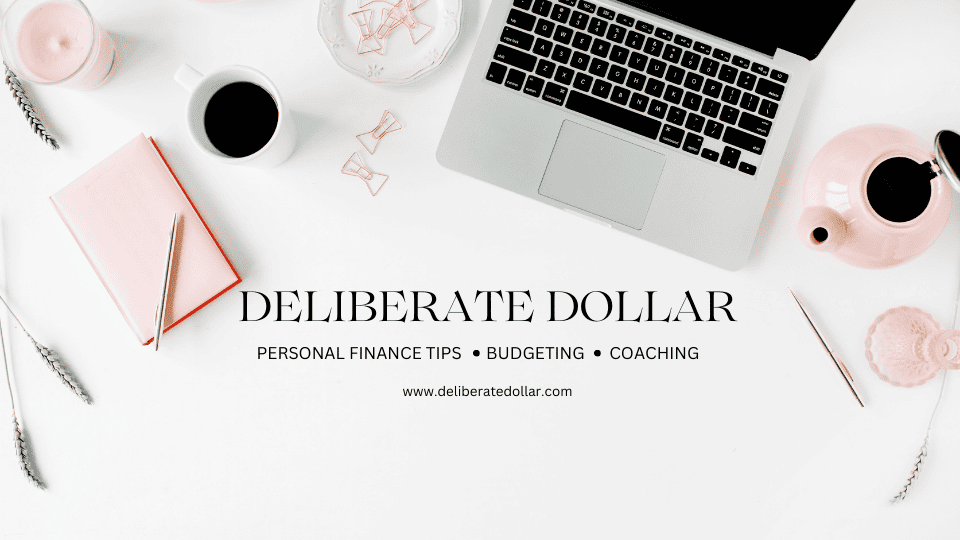 A modern workspace featuring a sleek laptop, a stylish pink notebook, and a fresh cup of coffee, perfectly paired with finance management tips from deliberate dollar.