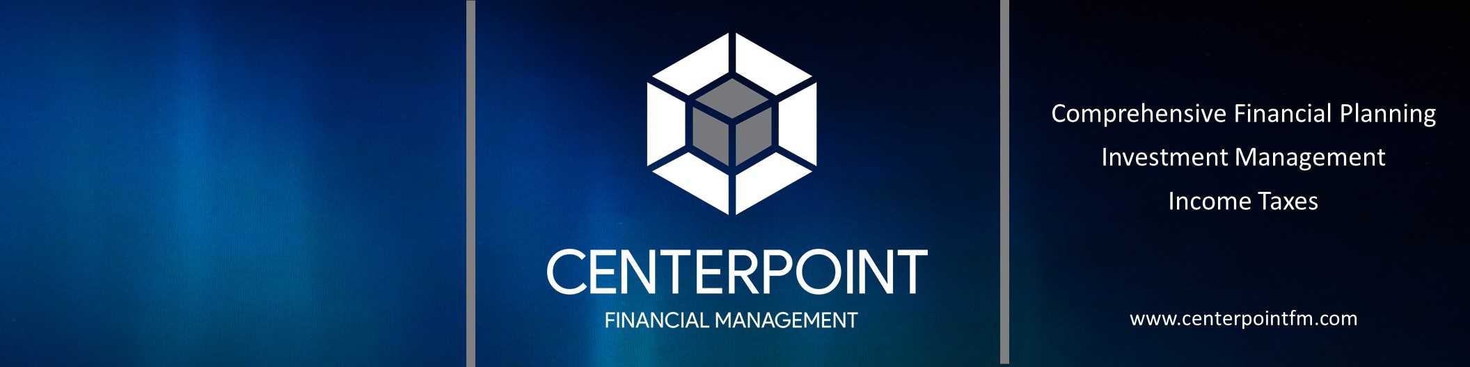 Centerpoint financial management banner showcasing services in comprehensive financial planning, investment management, and income taxes, with a striking blue gradient background and their logo prominently displayed.