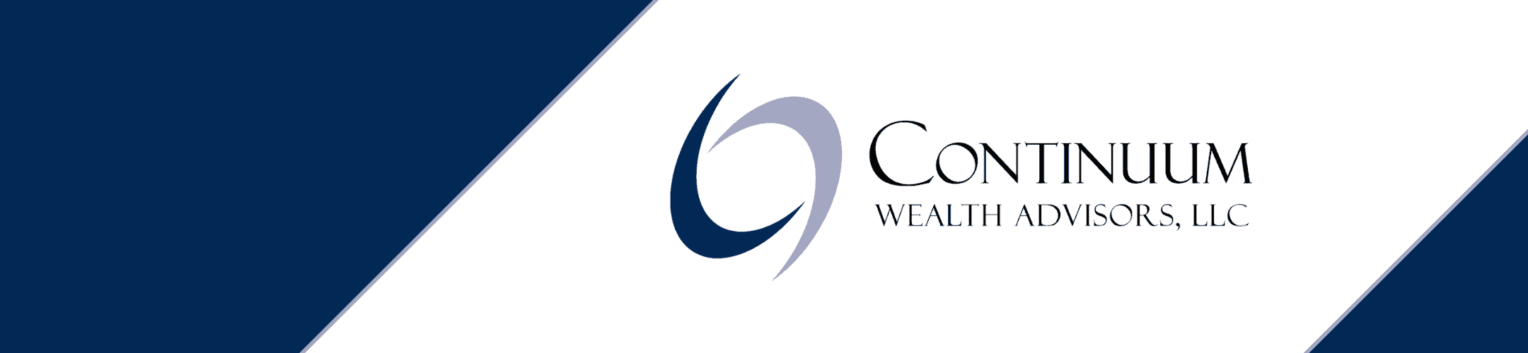 Elegant and professional graphic featuring the logo of continuum wealth advisors, llc, split by a sleek, diagonal line that contrasts a dark blue background on one side with a light neutral background on the other.