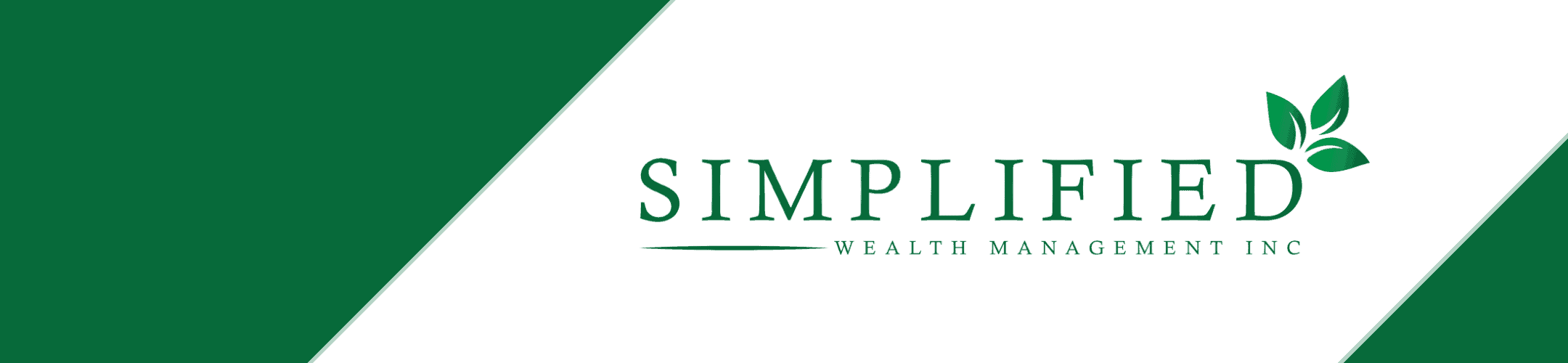 Green and white corporate banner featuring the logo of simplified wealth management inc, accentuated by a stylized leaf symbol, conveying a theme of financial growth and eco-consciousness.