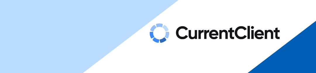 Professional business banner with a sleek blue and white design, featuring the logo and name 'currentclient'.