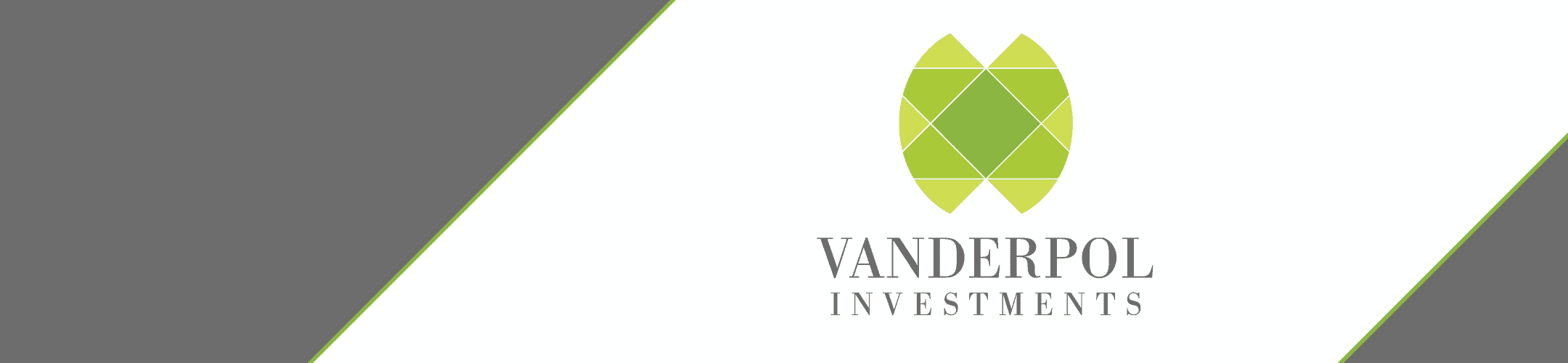 Elegant business banner featuring the logo of vanderpol investments with a minimalist geometric design.