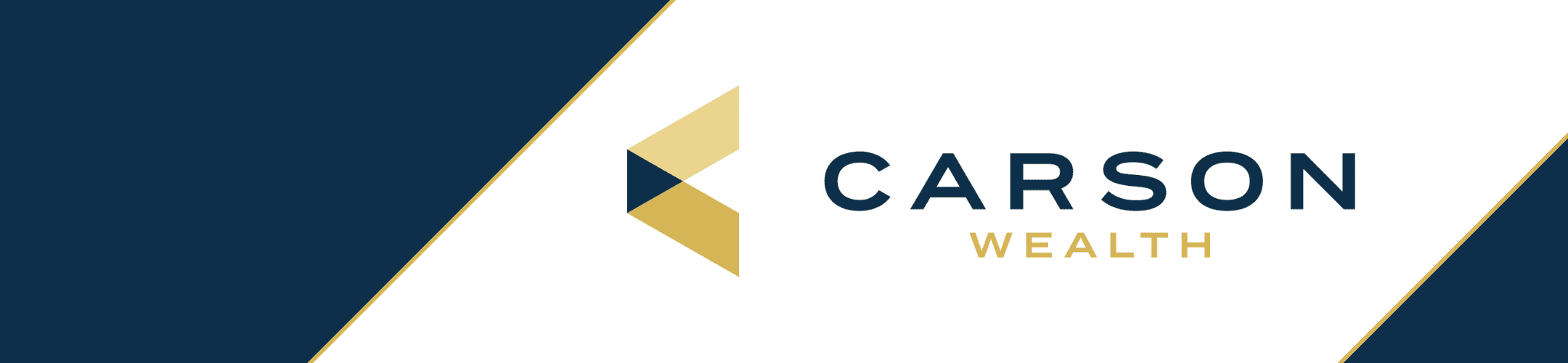 Carson wealth brand logo with geometric design elements on a stylish dark blue and white background.