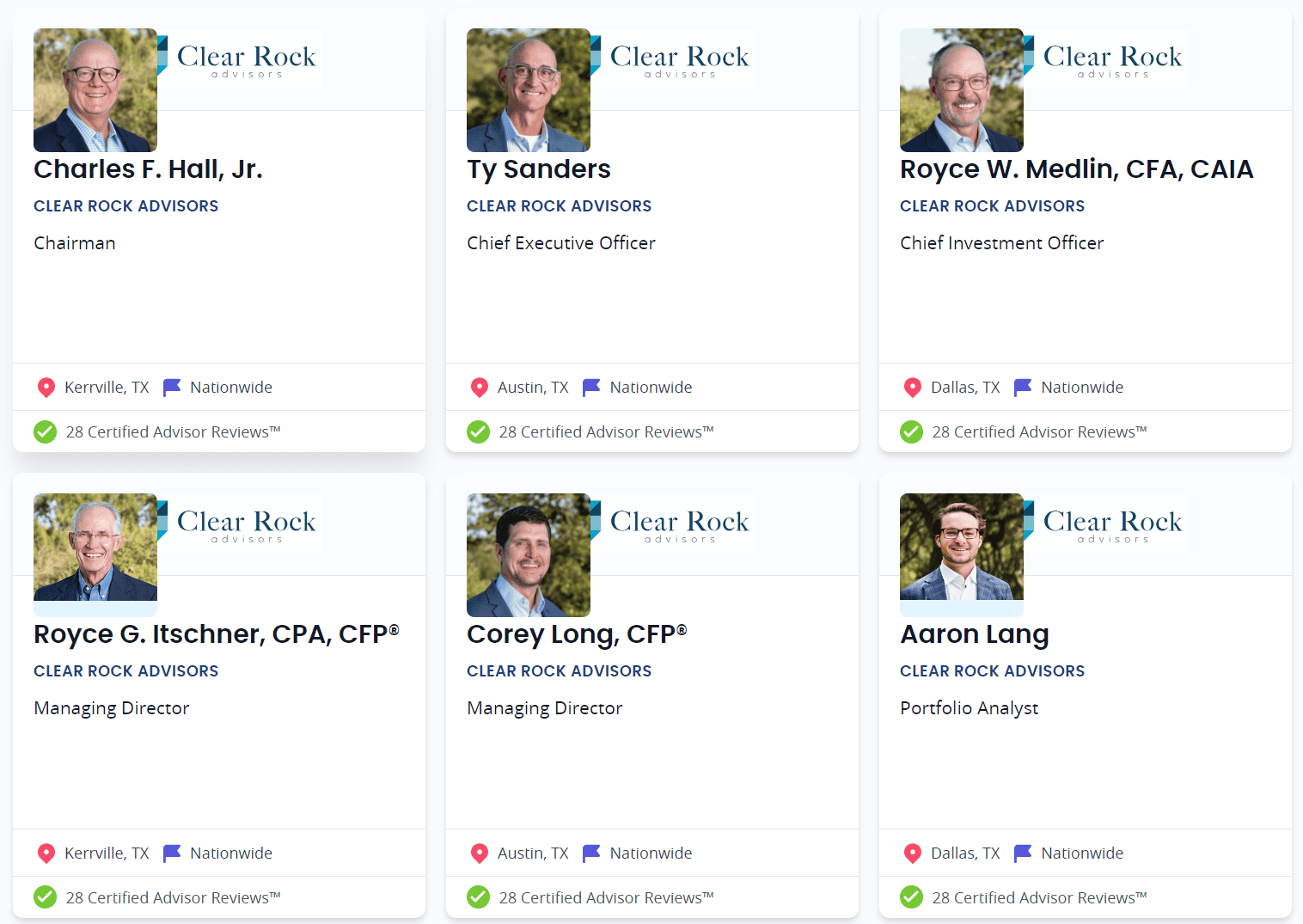 Image displays six professional profile cards of individuals from clear rock advisors, each containing a name, title, location, company logo, and number of certified advisor reviews.