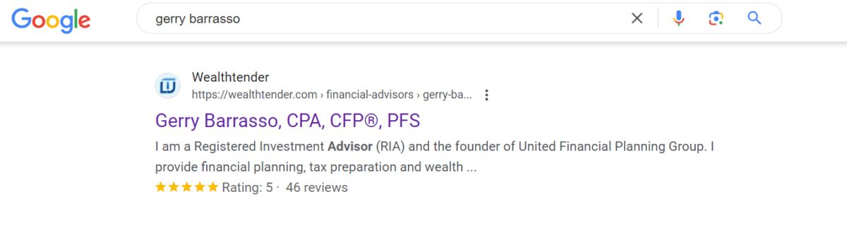 A screenshot of a google search result for "gerry barrasso", showing a snippet from a website called wealthtender, which features an individual named gerry barrasso who is a cpa, cfp®, and pfs, and is described as a registered investment advisor and the founder of united financial planning group. the snippet indicates that he provides financial planning, tax preparation, and wealth management services, and has a rating of 4.5 stars based on 5 reviews.