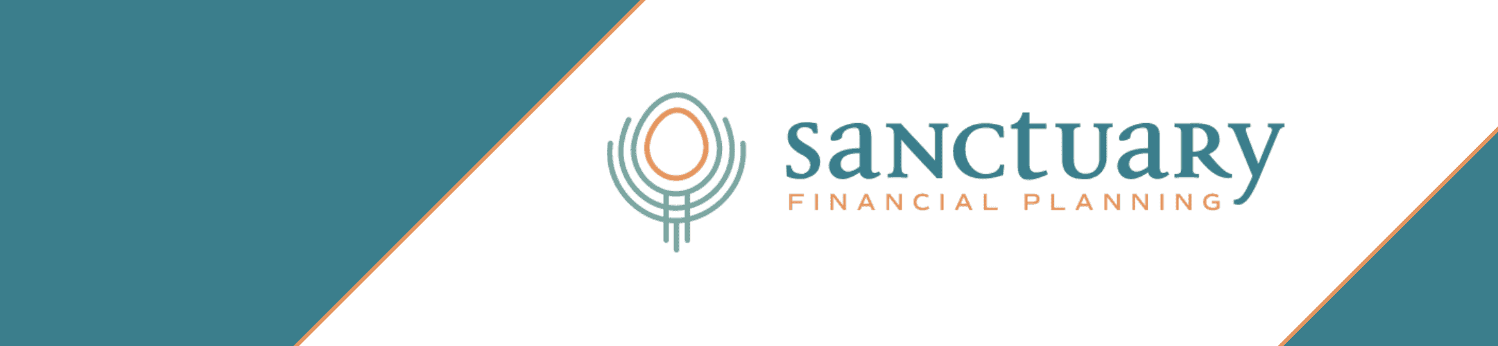 Logo of sanctuary financial planning on a teal background; the logo features an abstract circular design symbolizing safety or unity, next to stylized text of the company's name.