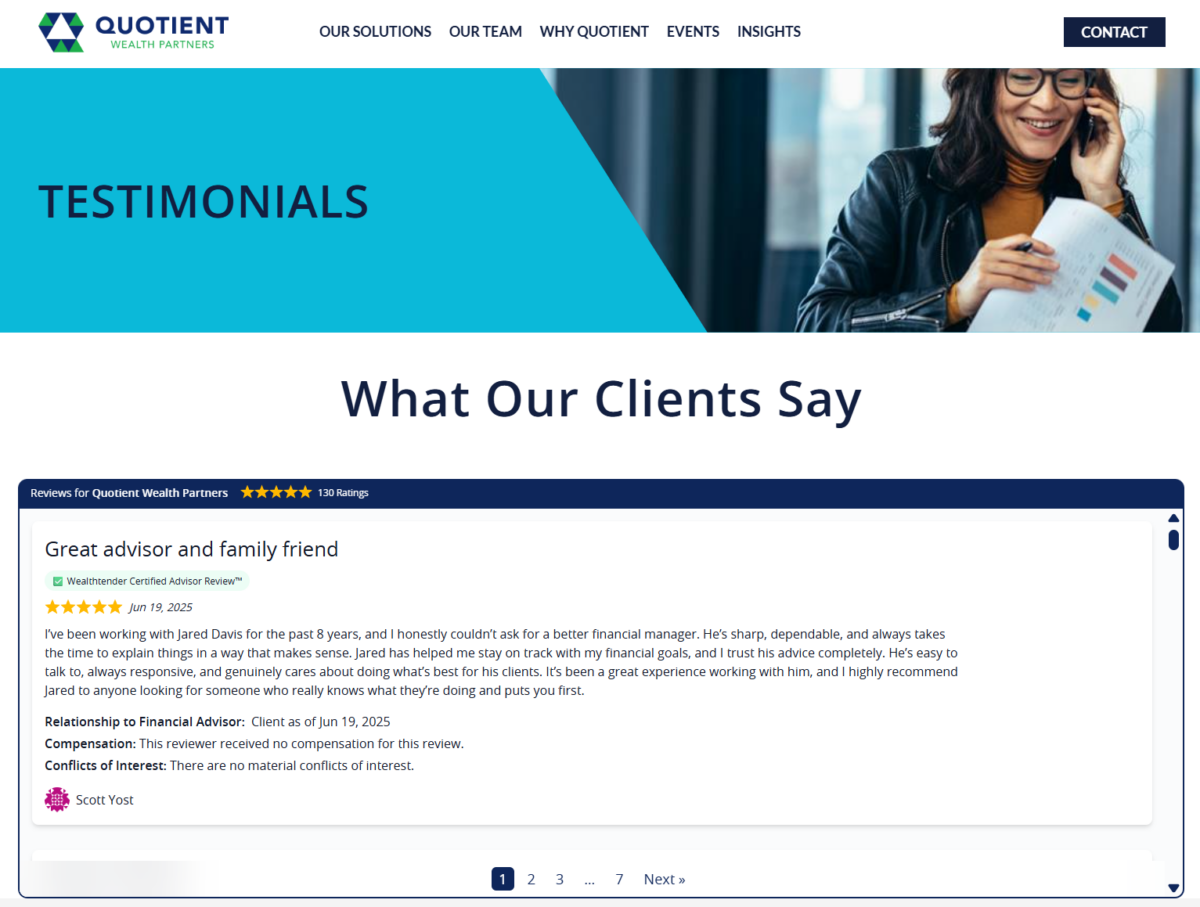 A woman wearing glasses and a brown sweater smiles while talking on the phone and using a tablet. The webpage displays a client testimonial for Quotient Wealth Partners, highlighting positive feedback for an advisor.