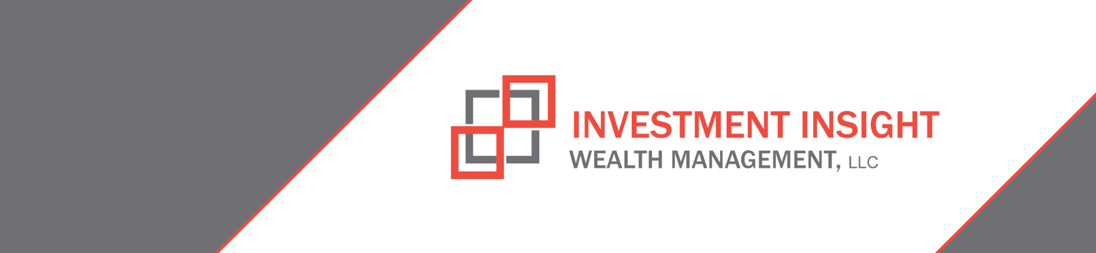 Logo for Investment Insight Wealth Management, LLC. Features two interlocking squares in red and gray, with the company name beside it. Background has diagonal gray and red stripes.