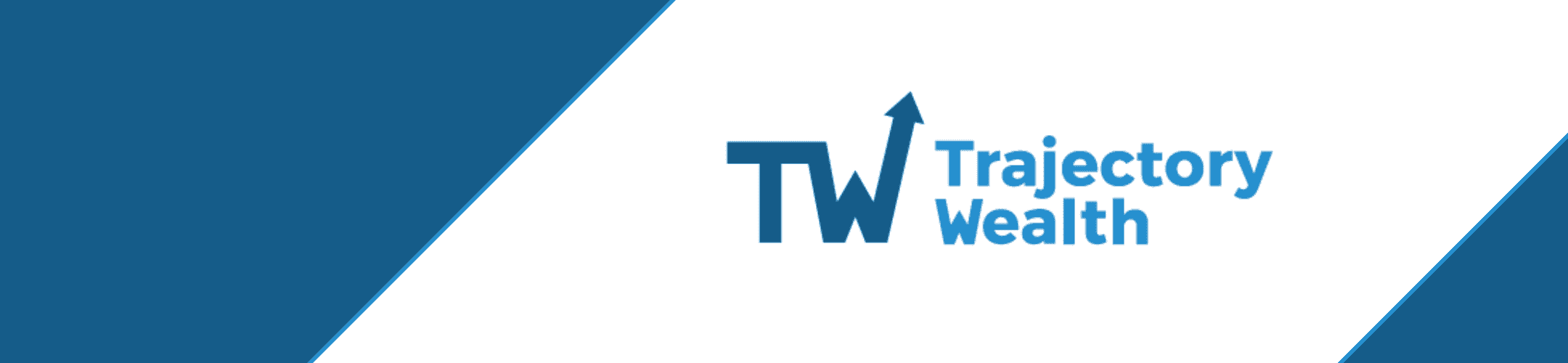 Logo for Trajectory Wealth. The background features diagonal blue stripes on the top left and bottom right. In the center, 