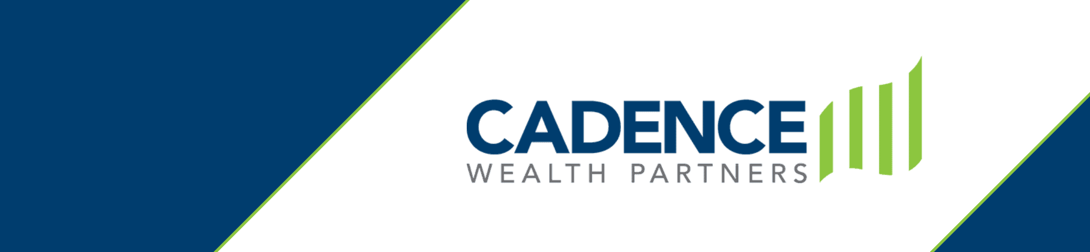 Logo of Cadence Wealth Partners featuring bold blue text on a white background with diagonal blue borders and a green-striped design resembling a rising bar graph.