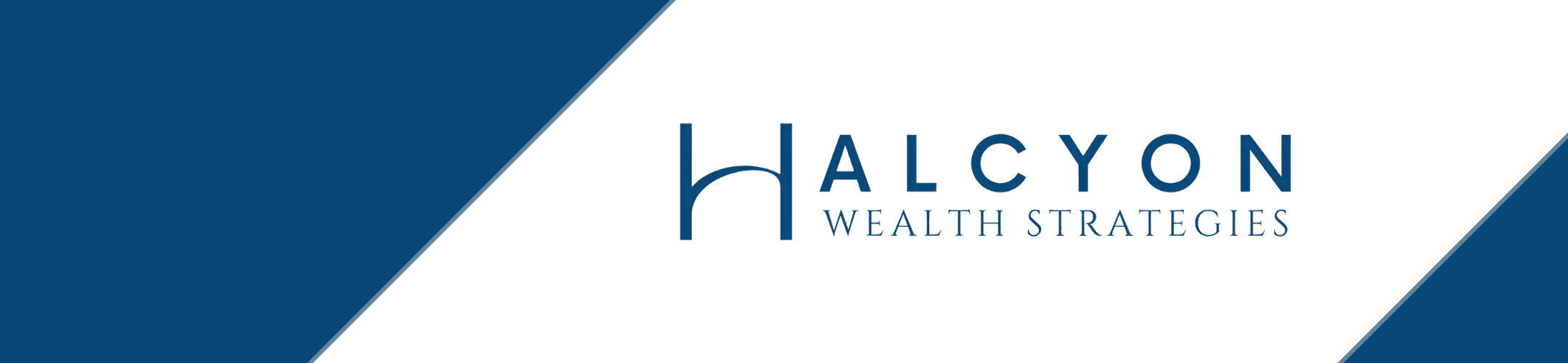 Logo of Halcyon Wealth Strategies. The design features the name in blue uppercase letters on a white background, with diagonal blue bars on the left and right.