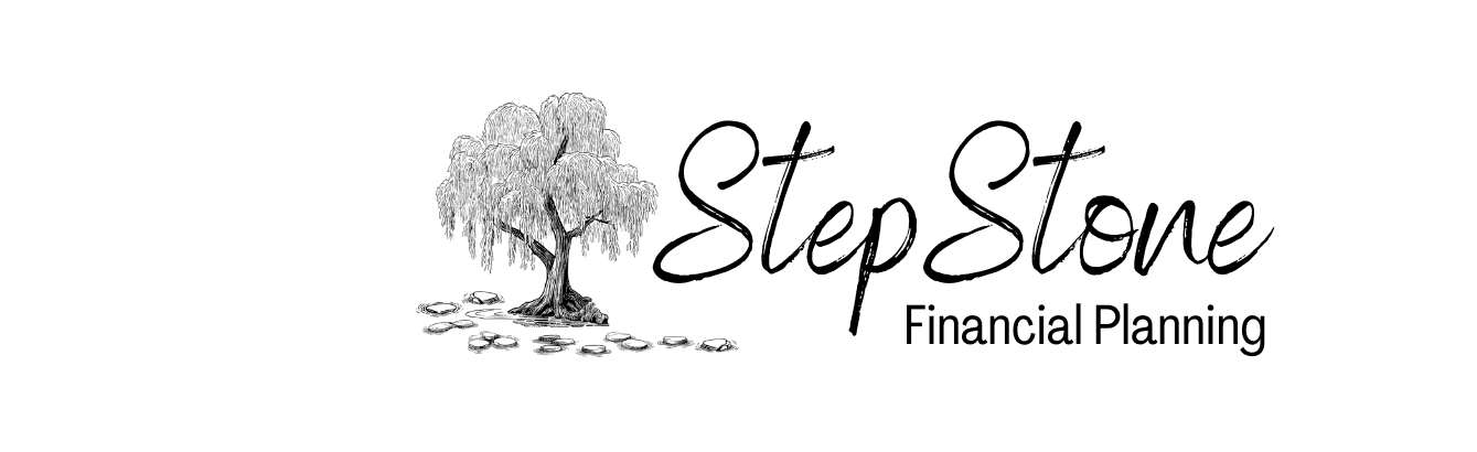 Logo of StepStone Financial Planning featuring a sketch of a tree with stepping stones leading to it on the left, and the company name in elegant script on the right.