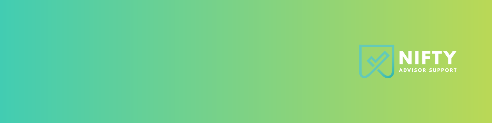 A gradient background transitioning from teal to lime green. On the right, there is a blue outlined shield with a checkmark, next to the text