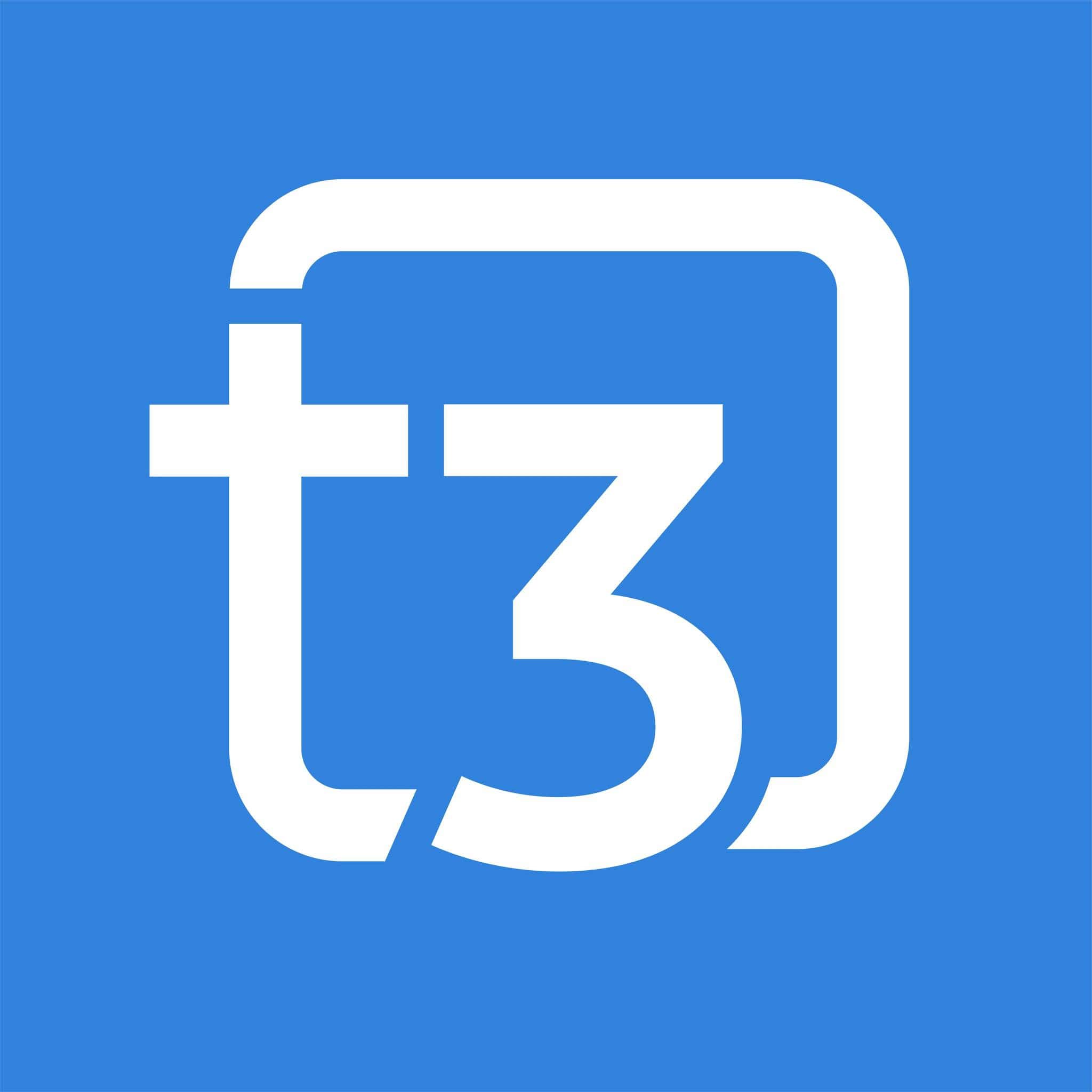 Logo with a blue background featuring a stylized "t3" in white. The "t" and "3" are connected, surrounded by a partial white square border.