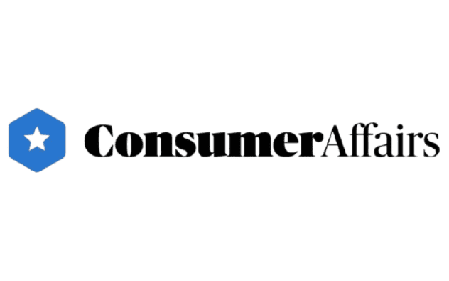 Logo featuring "ConsumerAffairs" in black text with a blue hexagon and a black star inside it on the left.