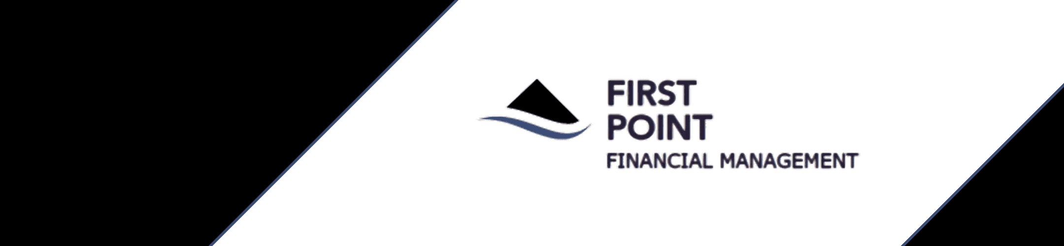 Logo of First Point Financial Management featuring a black triangular shape above a blue wave on a white background.