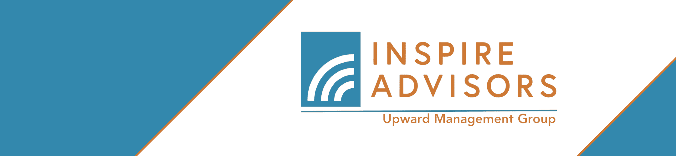 Logo for Inspire Advisors, Upward Management Group, on a blue and white background. The logo includes a stylized wave graphic next to the text.