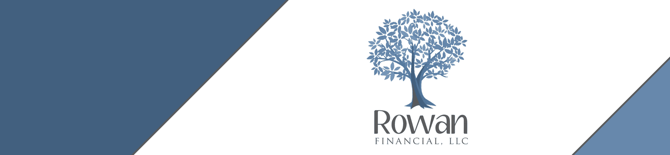 A logo featuring a stylized blue tree with leaves, representing Rowan Financial, LLC, is centered on a white background. Diagonal blue and gray borders frame the image.