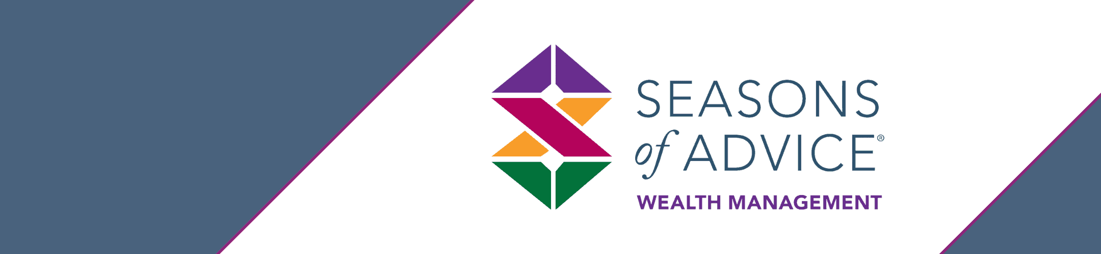 Logo for Seasons of Advice Wealth Management, featuring a geometric design with purple, red, orange, and green shapes on a white background. The text reads 