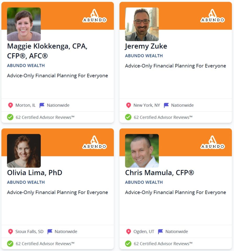 Grid of four financial advisors with names, credentials, and locations. Top left: Maggie Klokkenga; top right: Jeremy Zuke; bottom left: Olivia Lima; bottom right: Chris Mamula. All associated with Abundo Wealth, offering advice-only financial planning.