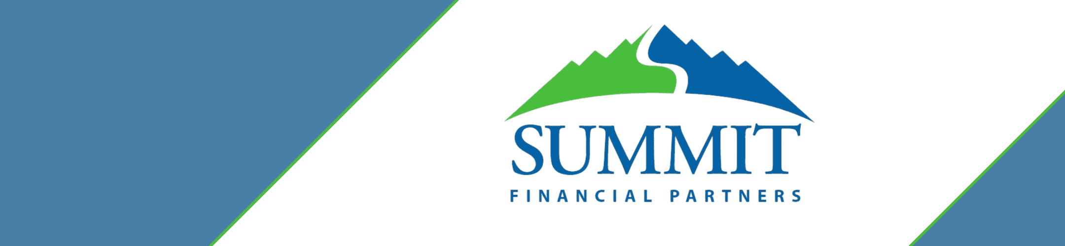 Logo for Summit Financial Partners featuring a stylized green and blue mountain above the company name, set against a white background with blue diagonal borders.