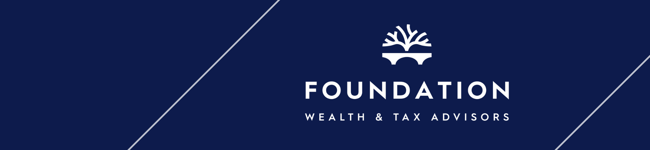A dark blue banner with thin diagonal white lines, a white tree logo above a bridge, and the text 