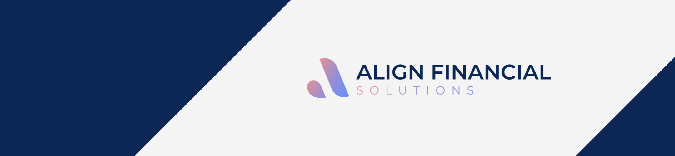 Logo for Align Financial Solutions on a diagonal navy and white background. The logo features a gradient abstract icon next to the company name, with 