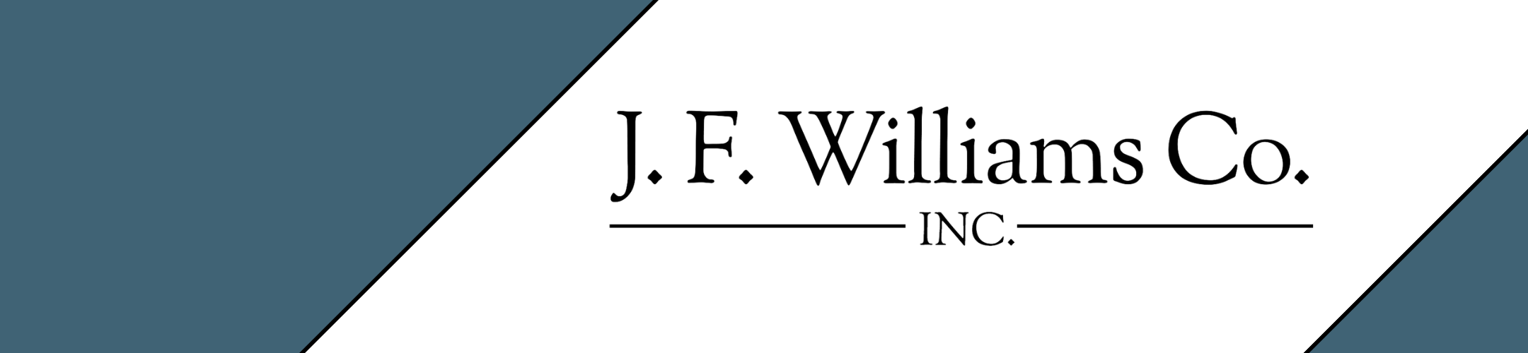 Logo for J.F. Williams Co. Inc. with black text on a white background, bordered by diagonal blue-gray stripes on the left and right sides.