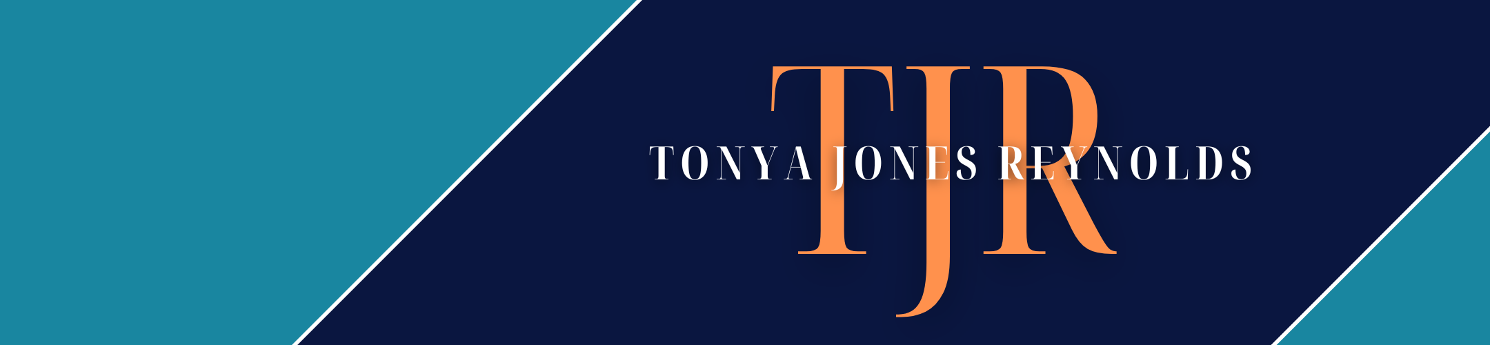 Graphic with teal and navy blue diagonal sections. In the center, large orange initials 
