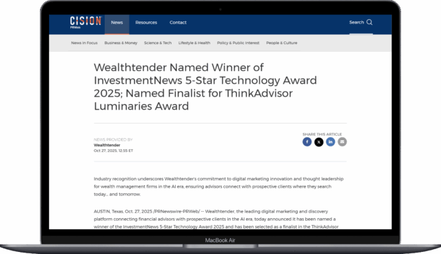 A laptop displays a press release on the Cision PR Newswire website announcing Wealthtender as winner of the InvestmentNews 5-Star Technology Award 2025 and finalist for the ThinkAdvisor Luminaries Award.