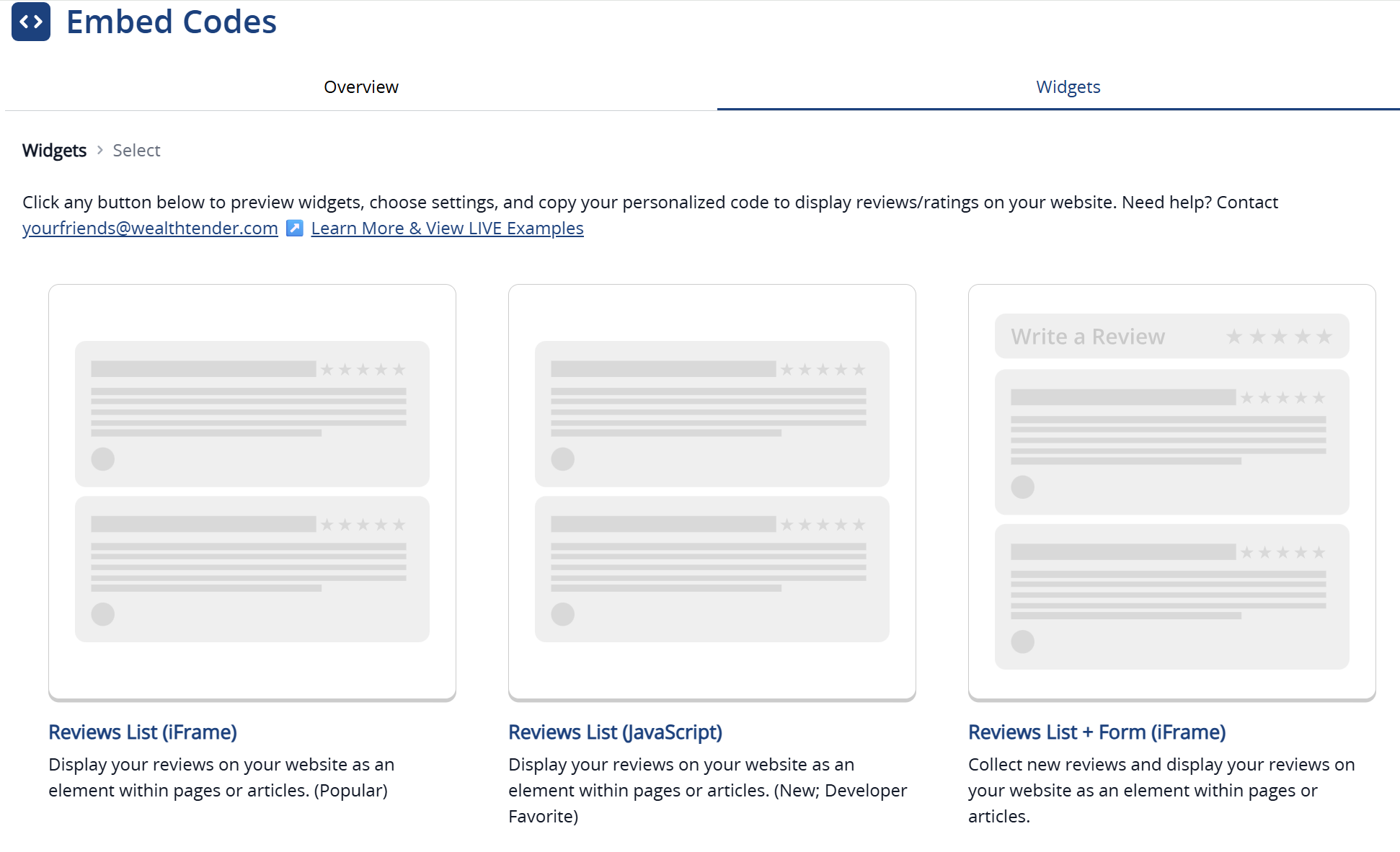 A webpage titled "Embed Codes" displays three options for embedding review widgets: Reviews List (iFrame), Reviews List (JavaScript), and Reviews List + Form (Embed), each shown as a gray card with icons and descriptions.