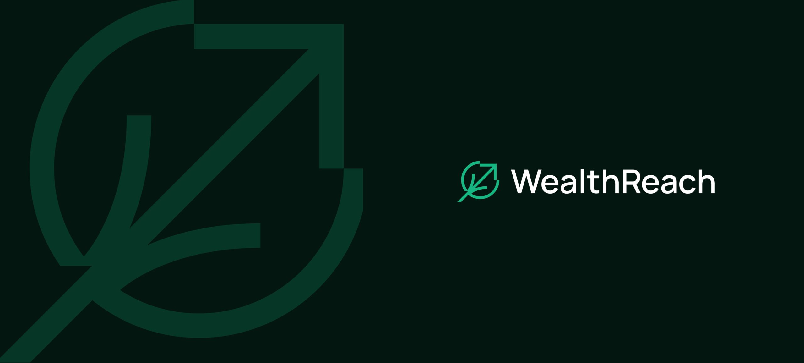 Dark background with a stylized green arrow and leaf logo on the left. To the right, the logo appears smaller next to the text “WealthReach” in white letters.