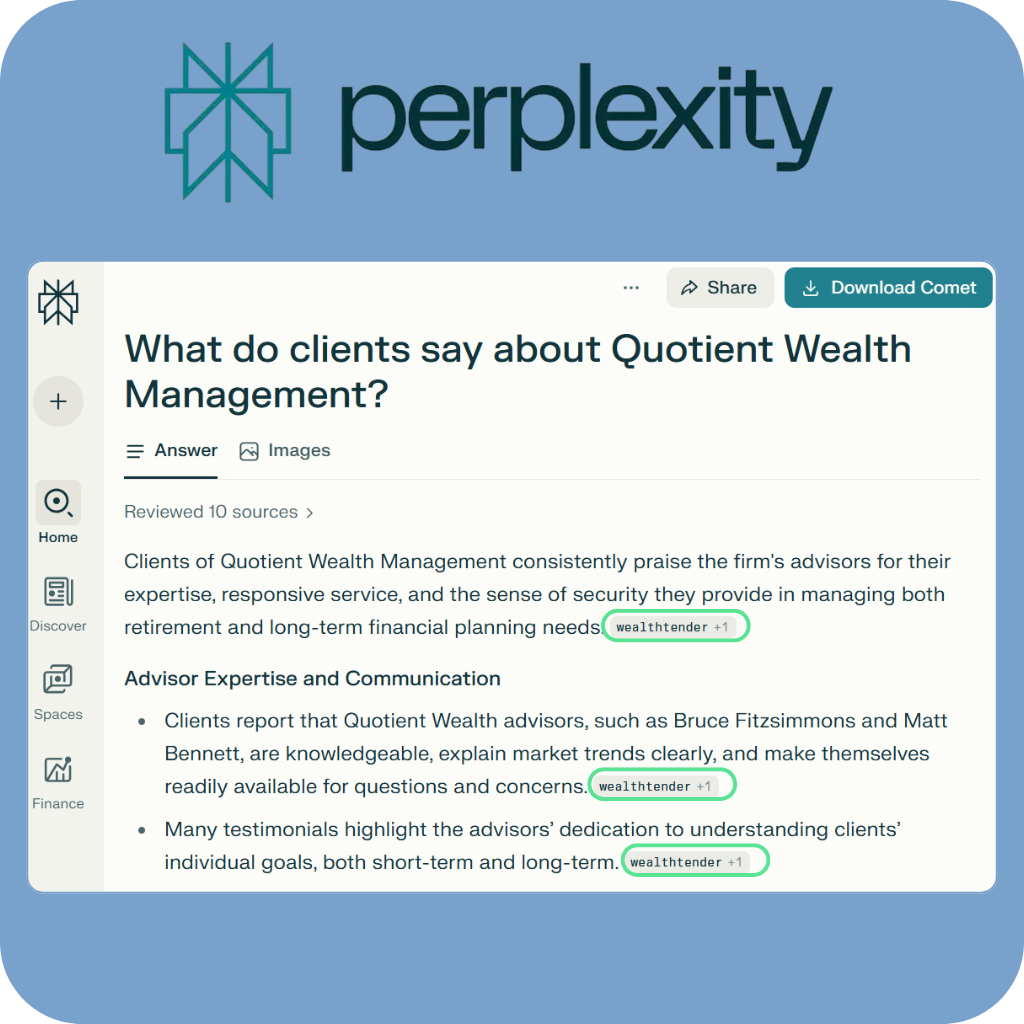 A screenshot of a Perplexity AI page displays client testimonials about Quotient Wealth Management, highlighting advisor expertise, communication, and dedication to understanding clients' financial goals.