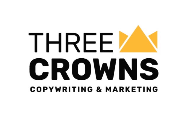 Logo for "Three Crowns Copywriting & Marketing" with the word "CROWNS" in bold and a simple yellow crown graphic above the word "CROWNS" on a light background.