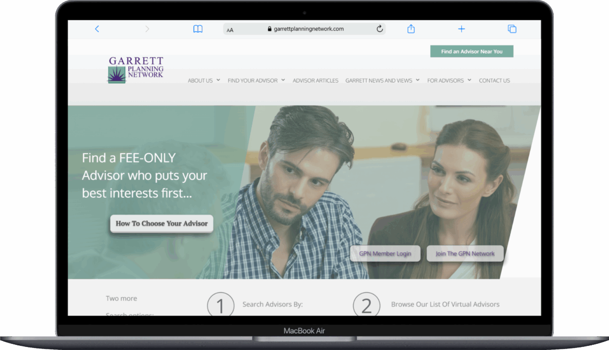 A laptop displays the Garrett Planning Network website, showing a banner with a man and woman talking. The website promotes fee-only financial advisors and includes login and network join buttons.