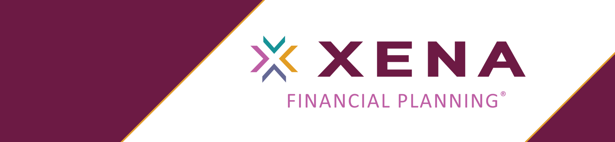 Logo for Xena Financial Planning. The left side has a maroon background with orange trim, and the center features the Xena logo above the text 