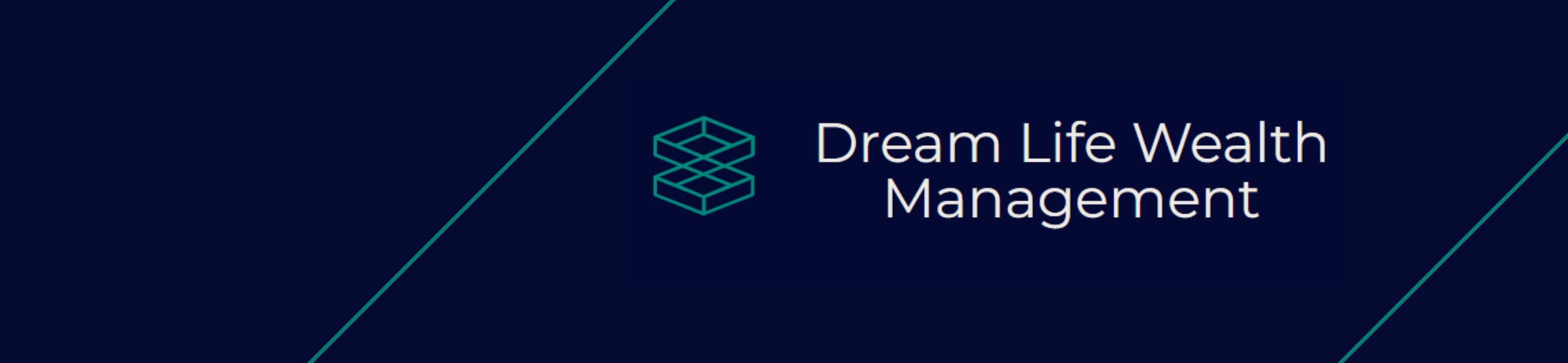 Dark blue banner with teal geometric logo and the text 