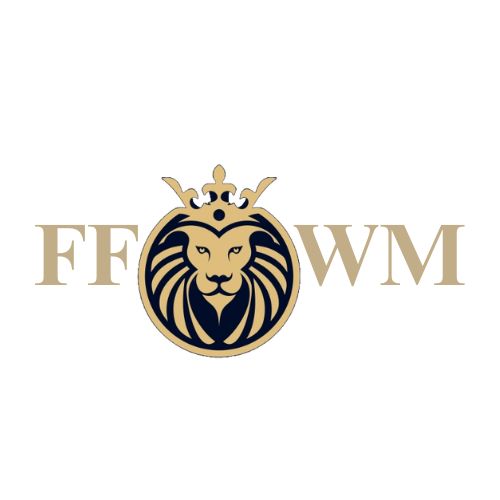 A gold and navy lion's head inside a circle with a crown on top, flanked by the letters 