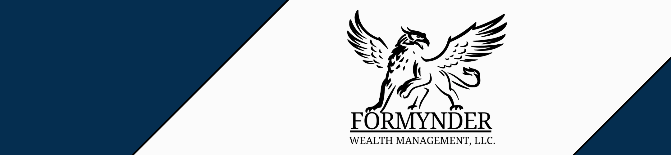 Logo for Formynder Wealth Management, LLC featuring a black griffin illustration above the company name on a white background with blue diagonal borders.