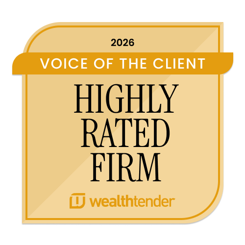 A gold badge displays "2026 Voice of the Client Highly Rated Firm" above the Wealthtender logo, symbolizing recognition for client satisfaction.